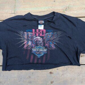 Distressed Harley-Davidson Eagle Crop Top T-Shirt Black Women's Medium Calgary